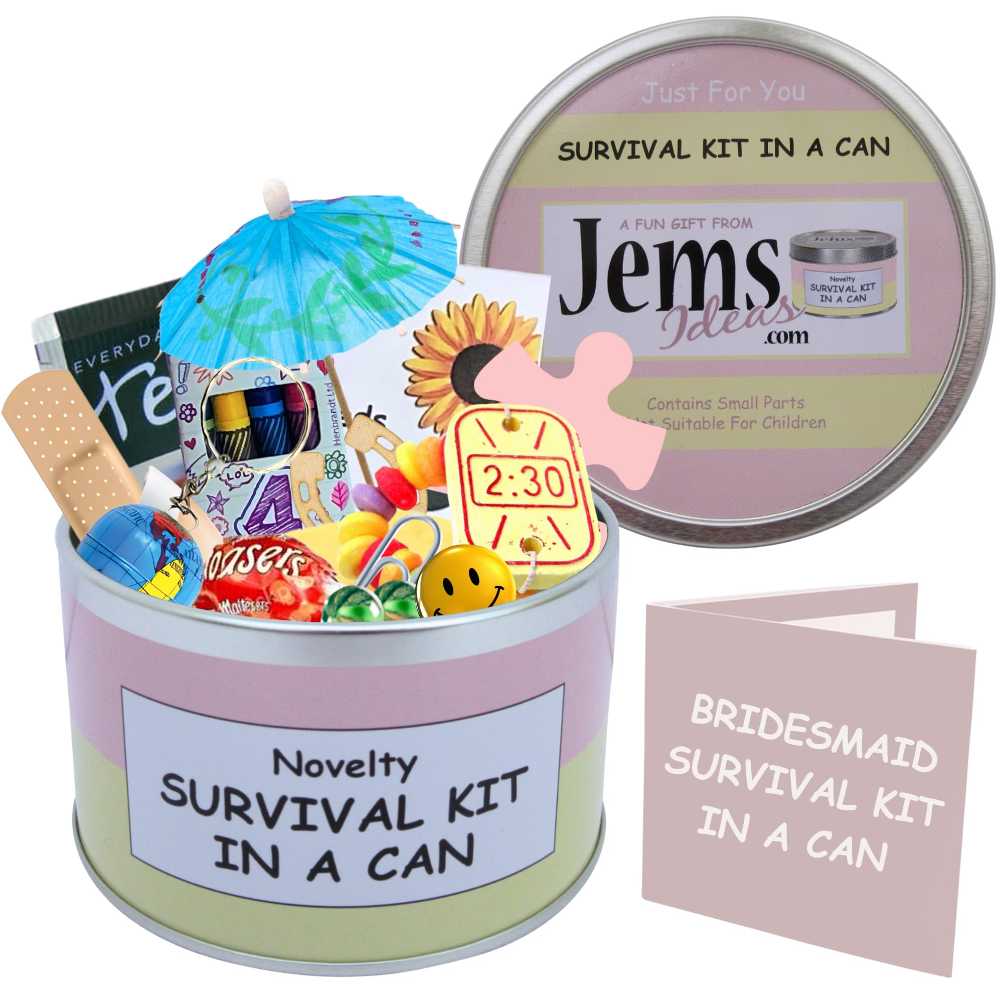 Survival Kit In A Can Bridesmaid Humorous Novelty Gift - Wedding Day Thank You Present & Card All In One. Gifts For Her/Gifts For Women Favour/Favor. Customise Your Can Colour. (Pink/Cream)