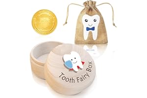 VYNFLICK Tooth Fairy Box - Wooden Teeth Keepsake Collection Tooth Storage Container with Storage Pouch and Reward Coins for Kids First Lost Teeth and Fairy Gifts