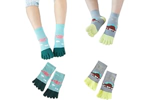 2 Pairs Cotton Five Finger Toe Socks Athletic Running Breathable Mesh Dinosaur Dress Socks for Kids Boys Girls 2-9 Years