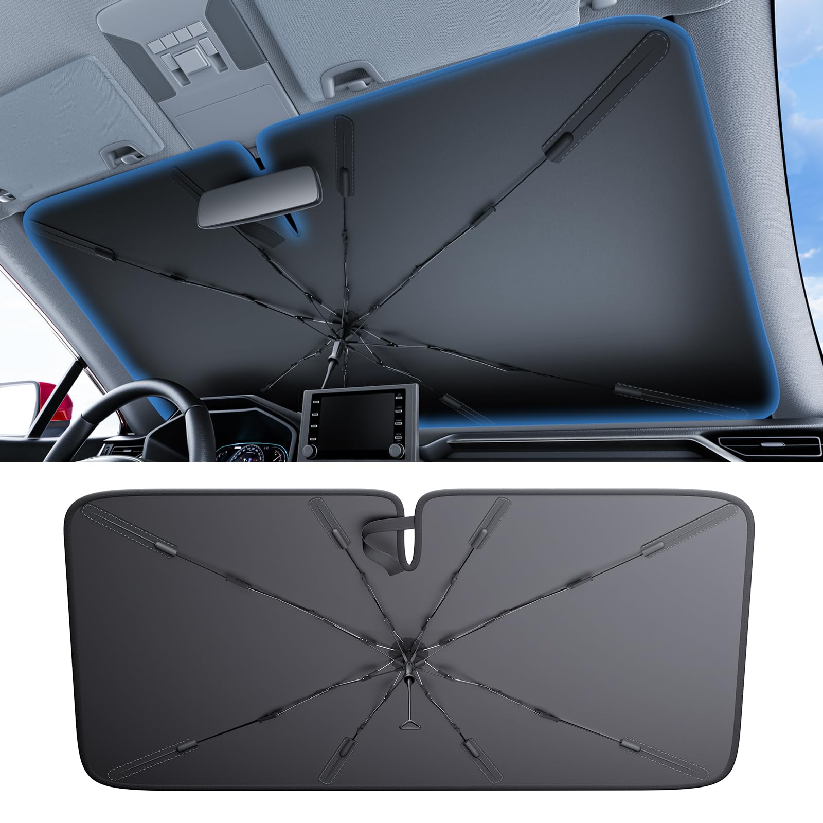 Photo 1 of 2025 Ice-Shield Car Windshield Sun Shade [100% Sun Block, 4th-Gen Cooling Tech] Reflective Heat Insulation, Portable Foldable Front Window Sunshade Umbrella for Sedans/SUVs - Universal Fit 57"x32"