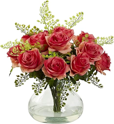 Amazon 人工花 ダークピンク バラとメイデン 造花瓶付きヘアアレンジメント 造花 オンライン通販