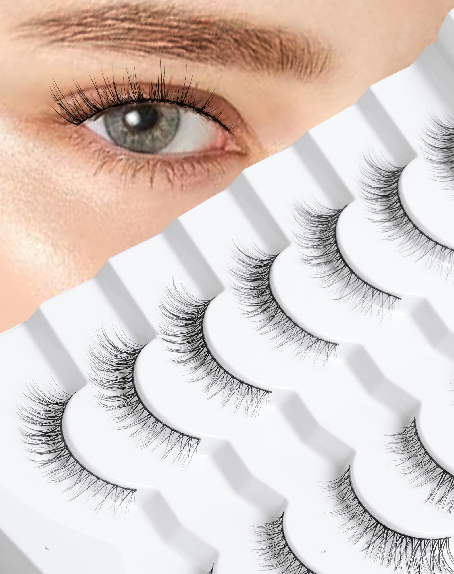 Onlyall Natural Lashes Wispy Lashes Natural Look False Eyelashes Natural Flared Eyelashes False Eye Lashes Soft Fluffy Lashes 7 Pairs D11 Gradual-10mm