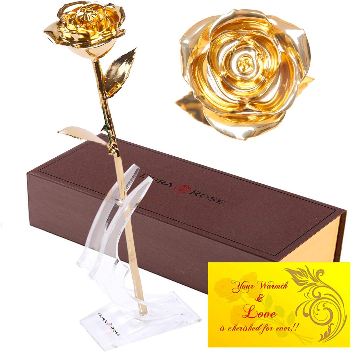 DuraRose Authentic Rose with Long Stem Dipped in 24k Gold, with Stand and Love Card - Best Gift for Loves Ones. Ideal for Valentine's Day, Mother's Day, Anniversary, Birthday