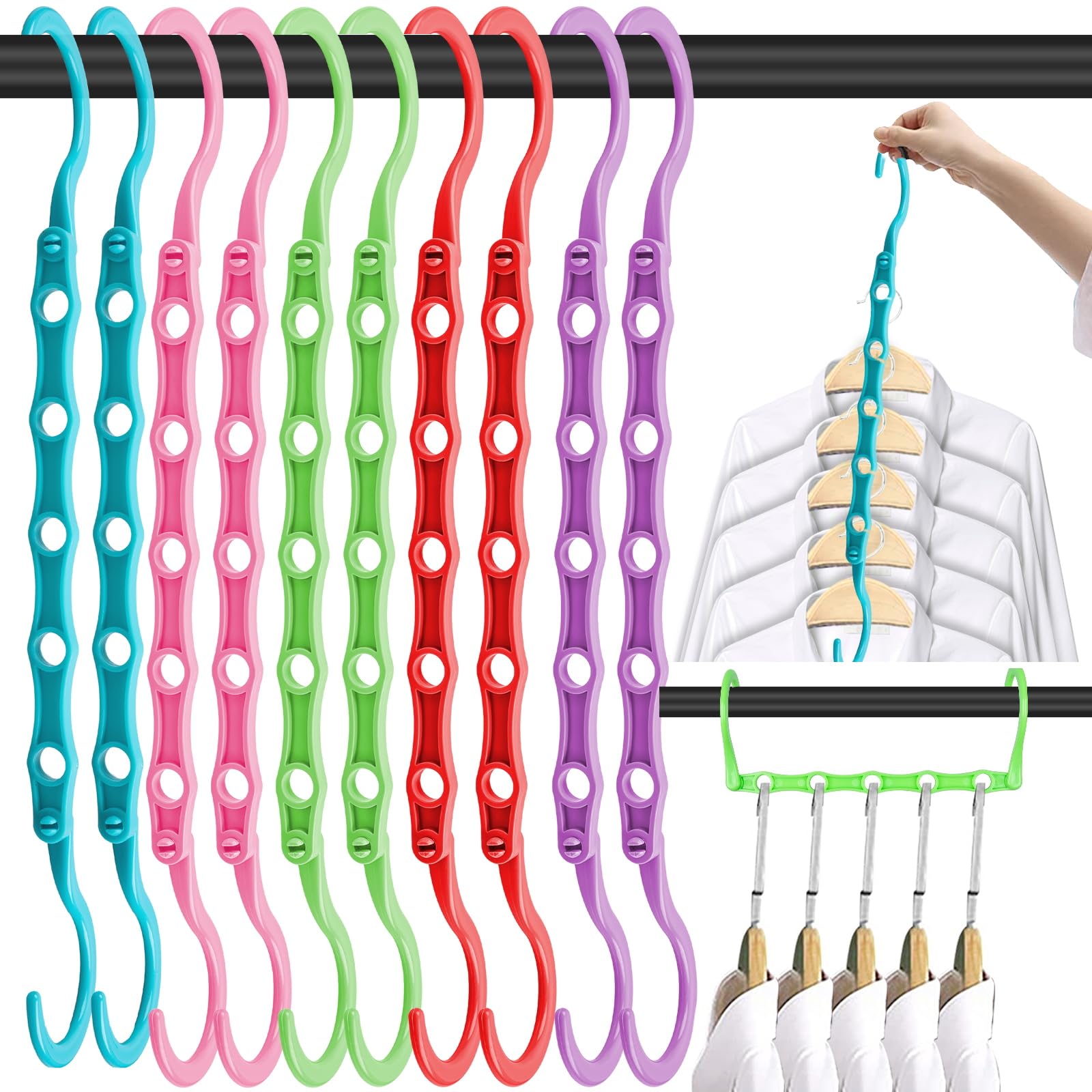 DUCOO Space Saving Hangers 10 Pack, Heavy Duty Magic Cascading Hanger Organizer with 5 Enclosed Anti-Slip Holes, Closet Organizers and Storage for Clothes, College Dorm Room Essentials, Multicolor