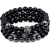 3PCS Handmade Obsidian Skull Bracelet 8mm Black Tourmaline Beaded Bracelet Black Onyx Lava BeadsTriple Protection Bracelet Jewelry Gift for Men