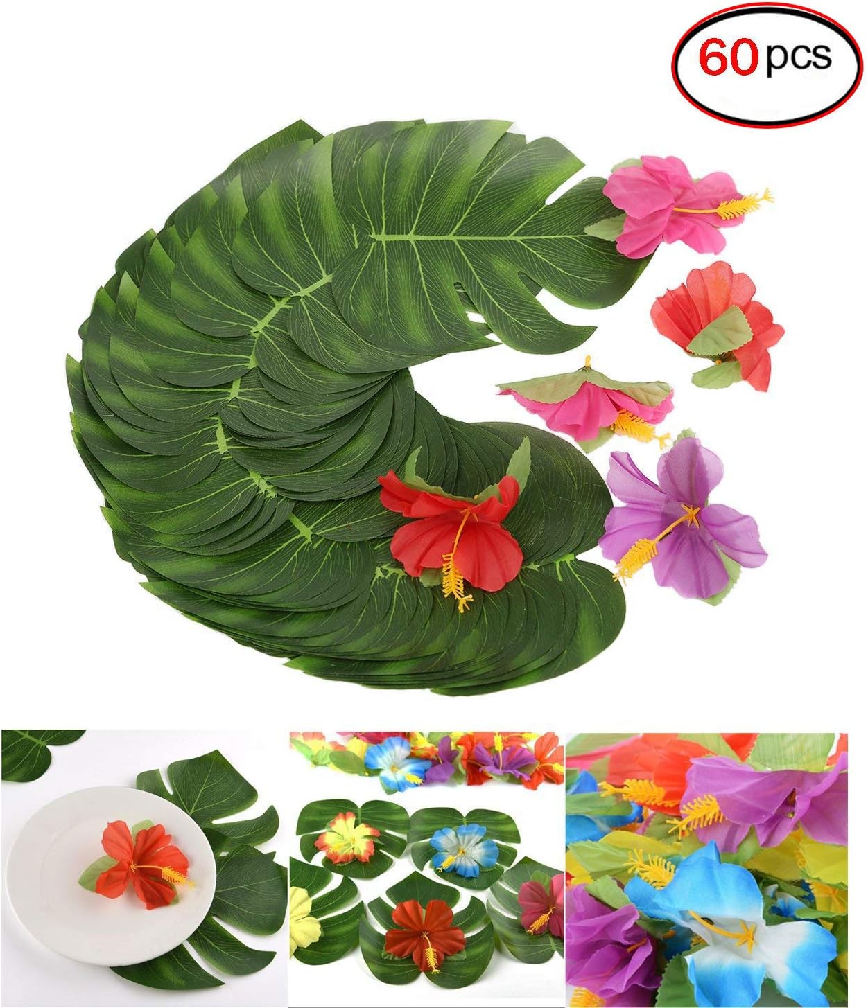 Blessed Family Party Tropical Palm Leaves,Artificial Plant Leaves,Monstera Palm Leaves Decoration,Leaves and Flowers Plants Supplies (Leaves 36PC + Flower 24PC)