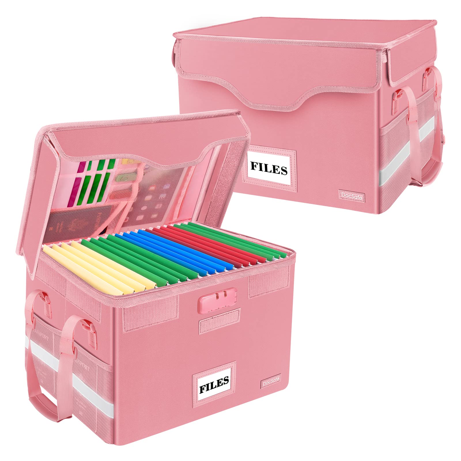 DocSafe Fireproof Document Box with Lock,File Storage Organizer with Pockets,Collapsible Portable File Box Home Office Safe Filing Cabinet with Handle for Hanging Letter/Legal Folders,Pink,2 Pack Image