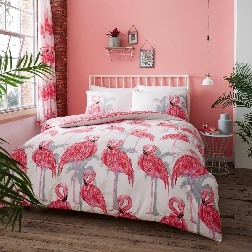 STYLELIVING @ FLAMINGO POLY COTTON REVERSIBLE NEW DUVET QUILT COVER SET BEDDING SET + PILLOW CASES (FLAMINGO Stripe, Double)
