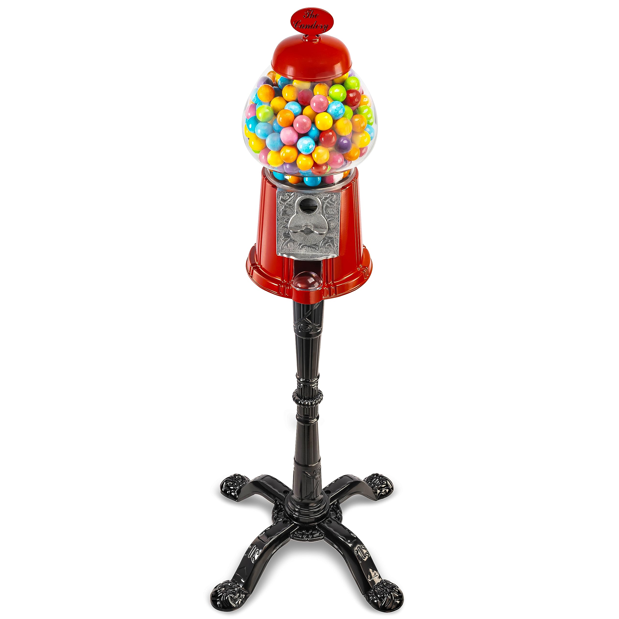 Gumball Bubble Machine - 15 Inch Candy Dispenser with Stand for 0.62 Inch - Heavy Duty Red Metal with Large Bowl - Easy Twist-Off Refill - Free or Coin Operated - by The Candery Image