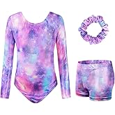 JiAmy Leotards for Girls Gymnastics, Long Sleeve Sparkly Dance Biketards with Shorts Ballet Tumbling Outfit for 3-12 Years