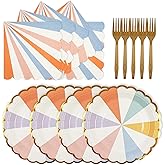 72PCS Colored Paper Plates and Napkins Party Supplies, Gold Foil Edge Scalloped Striped Pastel Plates Napkins Disposable Tableware Set for Birthday Wedding Baby Shower Graduation Party Decoration