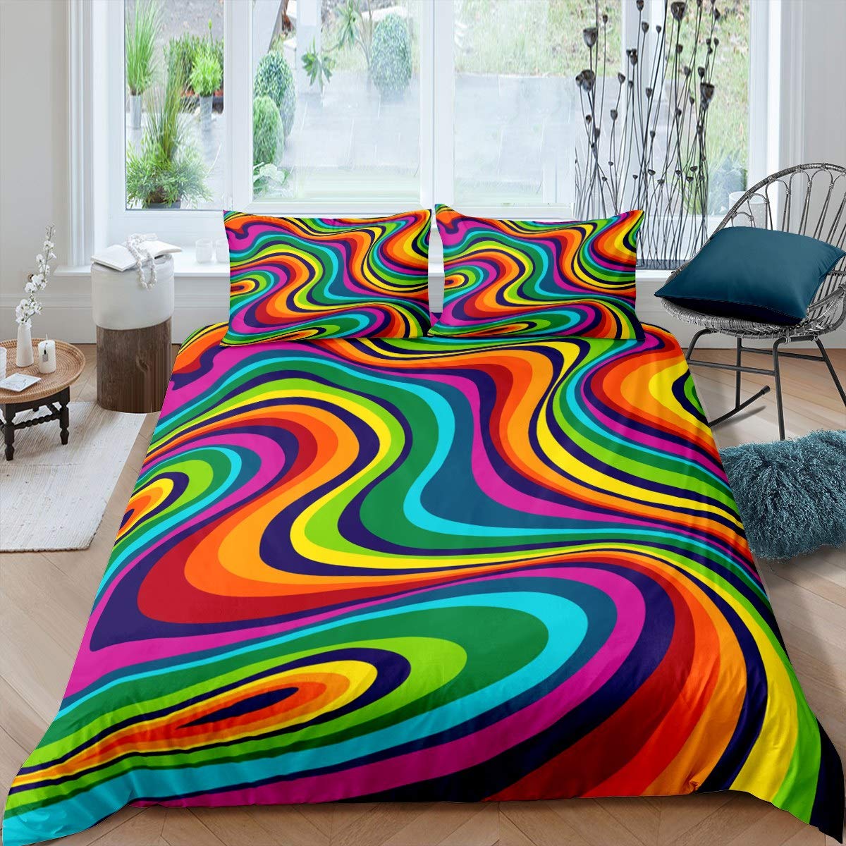 Boho Psychedelic Bedding Set for Kids Girls Woman Colorful Fluid Duvet Cover Bohemian Gypsy Comforter Cover Abstract Art Bedspread Cover,Room Decor 2Pcs Bedding Single Size