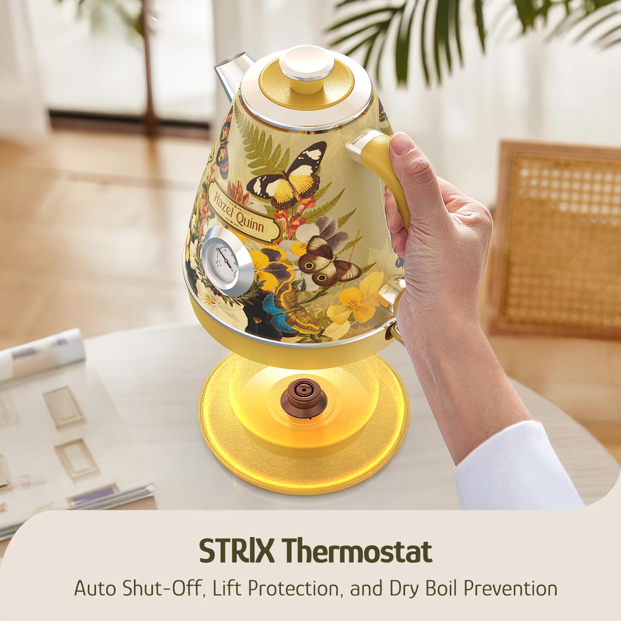 Hazel Quinn X Eduardo Recife Hervidor eléctrico - 1200 W de ebullición rápida de agua, 1,7 L/57 oz, interior de acero inoxidable 304, sin BPA, apagado automático, tetera retro inalámbrica con termómetro - estampado floral