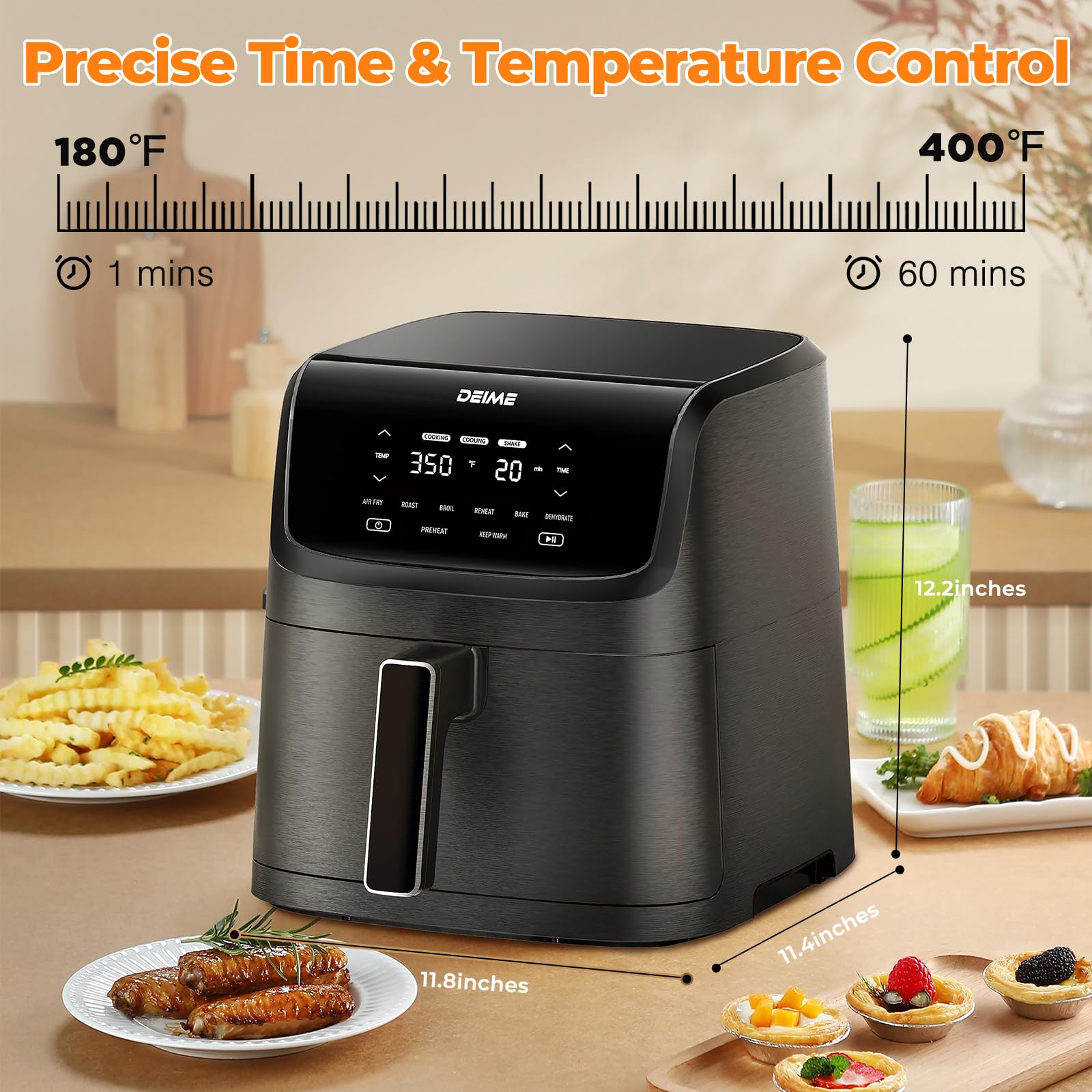 DEIME Freidora de aire 7.2 QT 1700W Horno sin aceite Cocina saludable Freidoras de aire Gran capacidad con 8 preajustes, Pantalla táctil LCD, Cocción personalizable, Cesta antiadherente (Negro)