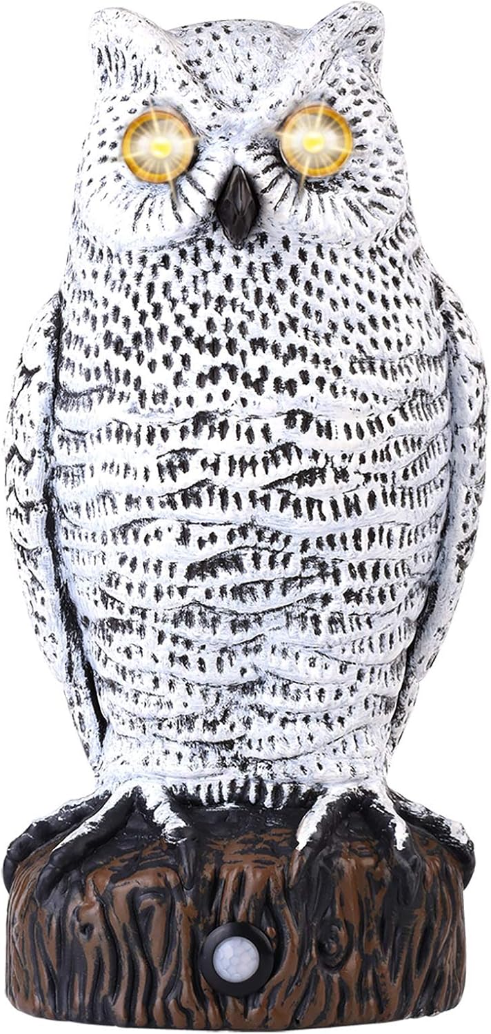 Lubatis Owl Decoy to Scare Birds Away Motion Activated Plastic Owl Scarecrow with Glowing Eyes, Realistic Sound Deterrent to Pigeons, Squirrel, Rabbit