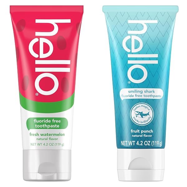 HELLO SMILING SHARK AND FRESH WATERMELON FLUORIDE FREE KIDS TOOTHPASTE PACK, INCLUDES 4.2 OZ SMILING SHARK KIDS AND 4.2 OZ FRESH WATERMELON TOOTHPASTE
