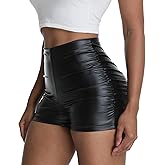 Zebaexf Women's Ruched Faux Leather Shorts High Waist Black Sexy Mini PU Leather Legging Shorts