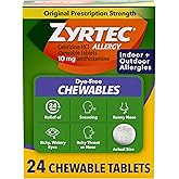 Zyrtec 24 Hour Allergy Relief Chewable Tablets, 10 mg Cetirizine Hydrochloride Antihistamine, Dye-Free Allergy Medicine for Runny Nose, Sneezing, Itchy, Watery Eyes, Indoor & Outdoor Allergies, 24 ct