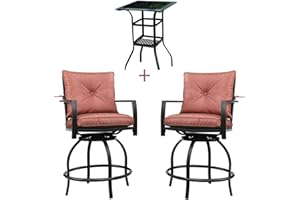 PATIO FESTIVAL PatioFestival Outdoor Bar Stools Bar Height Patio Chairs Swivel Bar Stool Patio Furniture Tall High Counter Chair Bistro Set with Glass Top Table Back Padded Cushion for Balcony Pub (3Pcs, Red)