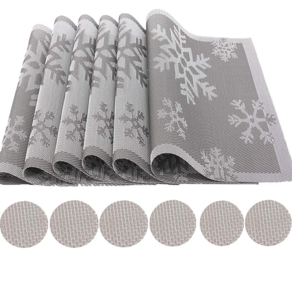 Time to Sparkle Set of 12 PCS Vinyl Woven 6pcs Placemats + 6pcs Coasters Place Mats Non slip Table Mats Waterproof Heat-resistant Dining Table Mats Decor (Grey Snowflake) — image 1