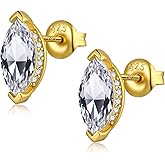 JiaYangJY Sterling Silver Marquise Diamond Stud Earrings for Women Men 18K Gold Plated Large Size Horse Eyes Shape CZ Posts Dainty Friction Back Stud Earring