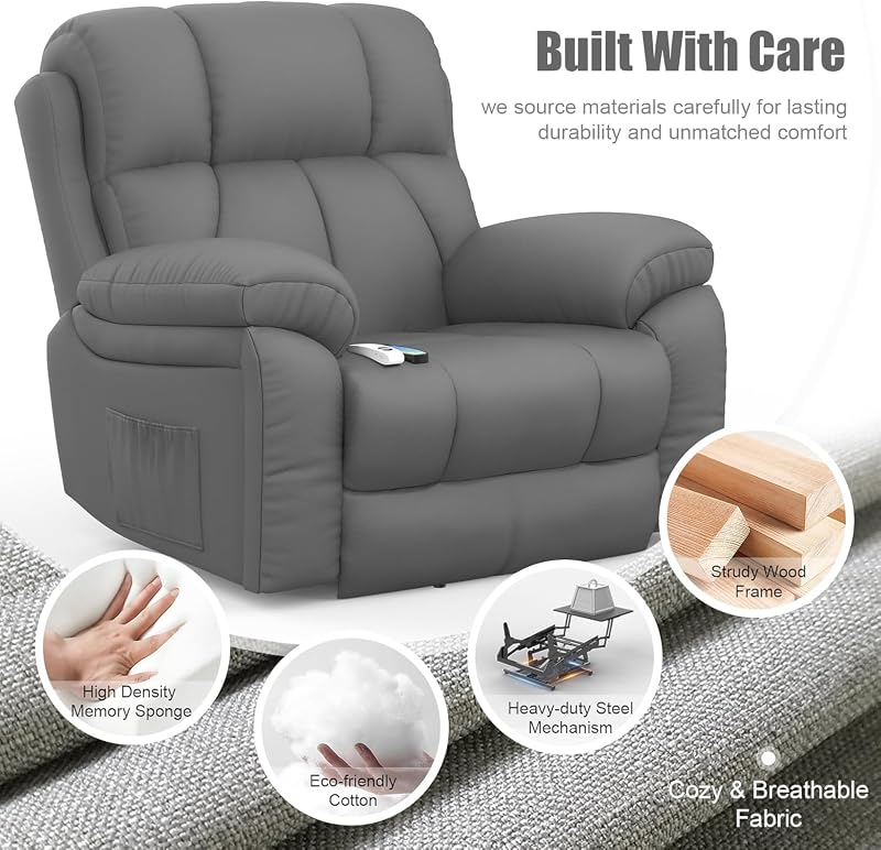 Sillón Relax Reclinable para Personas Mayores, con Masaje y Calor, Reposapiés Extensible, Puertos USB tipo C+, Portavasos Ocultos y dos bolsillos laterales,Reclinable Extragrande tipo Sofá para salón