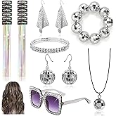Disco Accessories for Women 70s Disco Costume Jewelry Disco Ball Earrings Necklace Glitter Tinsel Crystal Headband Bracelets