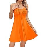 Missufe Women's Summer Spaghetti Strap Ruched Drawstring Fit and Flare Cami Dress Casual Mini Sundress