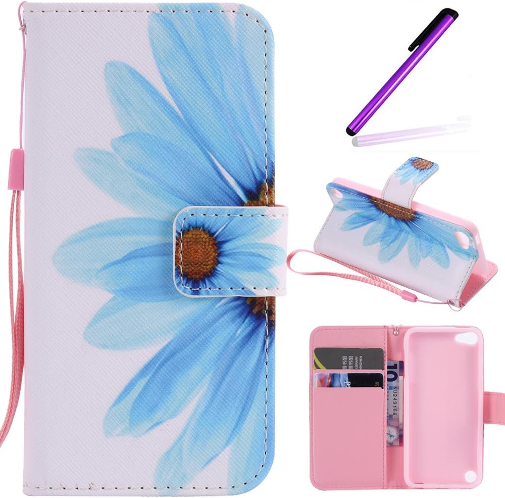 iPod Touch 5 Case,LEECOCO Fancy Paint Design Wallet Case with Card Slots Shockproof Colorful Floral PU Leather Flip Stand Magnetic Case Cover for iPod Touch 6 with 1 Stylus Pen,Sky Blue Sunflower