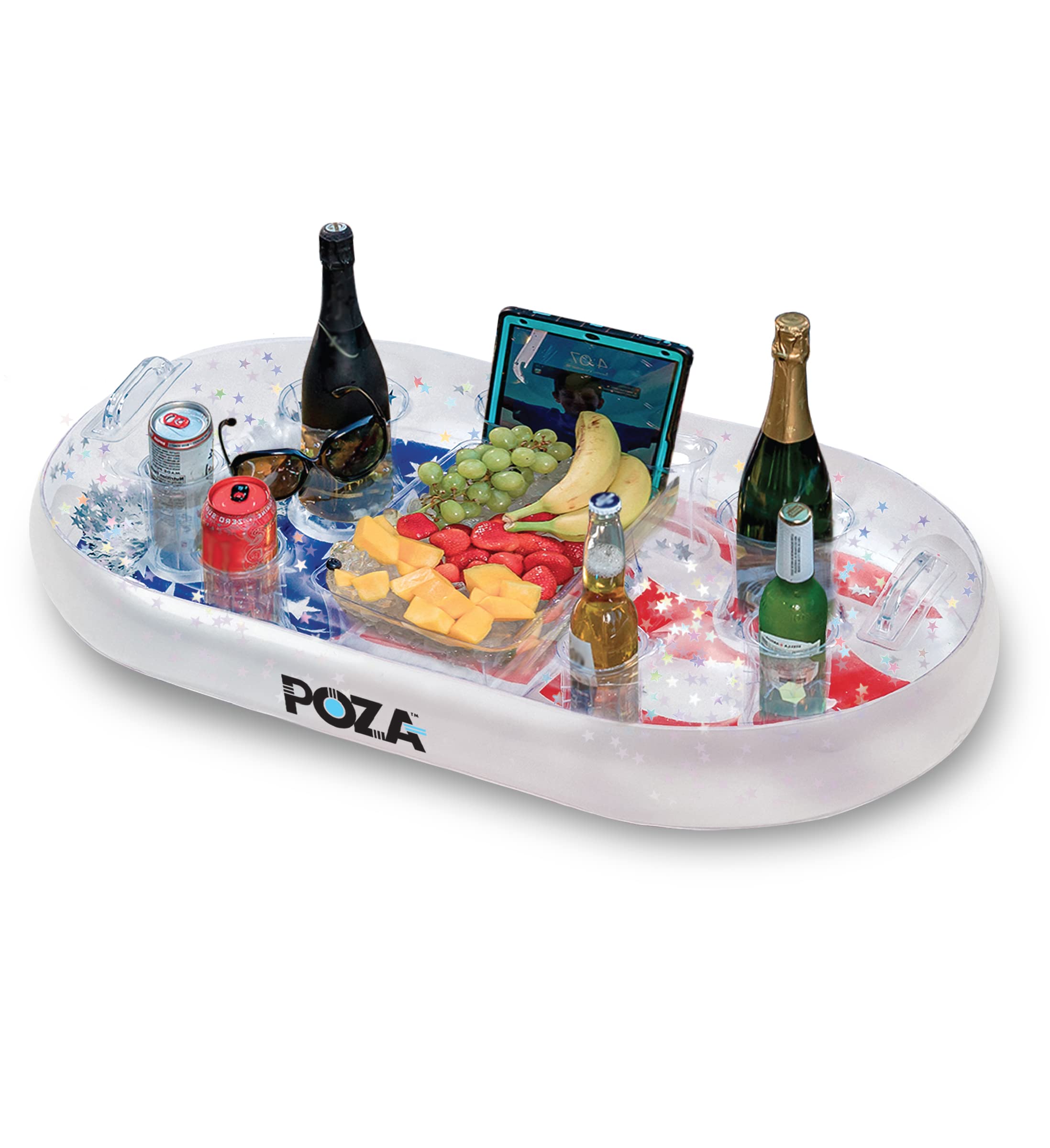 Photo 1 of POZA Inflatable USA Flag Floating Cooler - Luxurious Drink Holder Filled with Sparkly Confetti, Premium Party Float with 8 Holders, Serving Bar for Beach, Lake, Hot Tub and Pool - 39x23 Inch