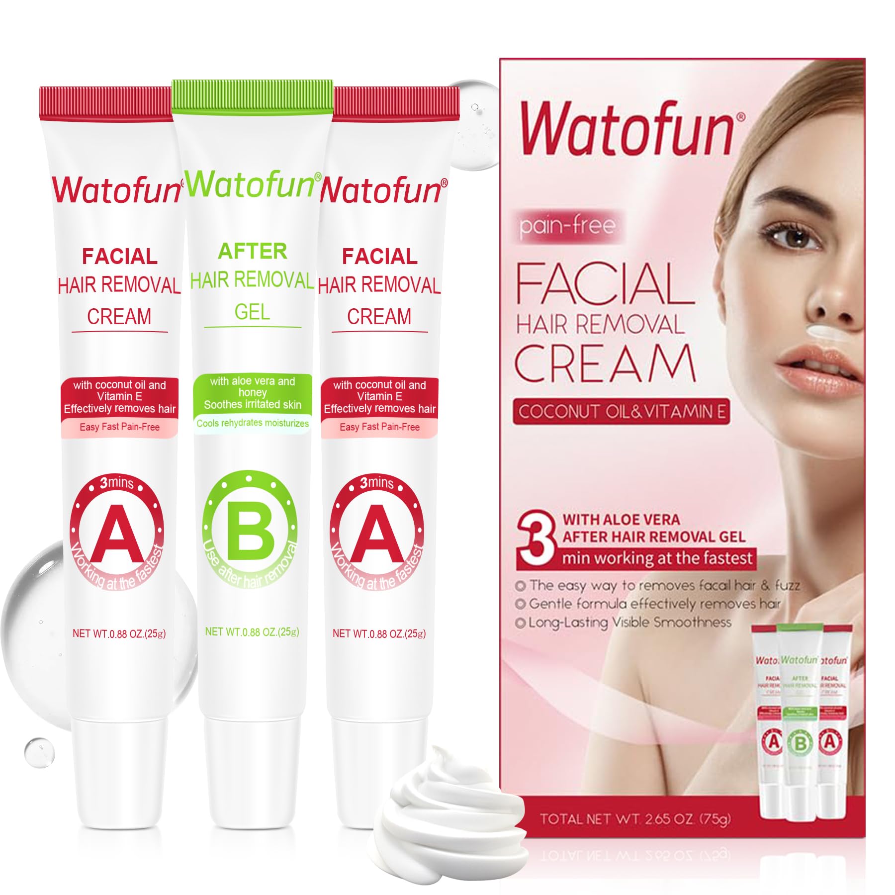 Photo 1 of ** 2 pcs ** Watofun Facial Hair Removal Cream for Women - Remover for Face with Soothing Aloe Gel - Gentle Formula for Sensitive Skin with Coconut Oil & Vitamin E - Safe for Upper Lip - Chin & Eyebrows