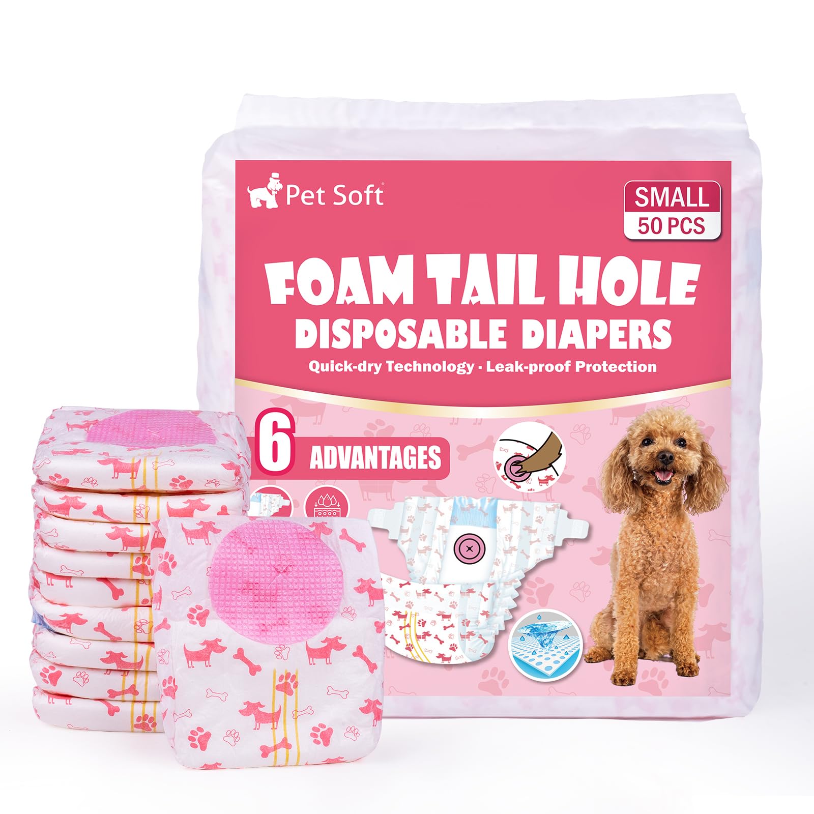 Pet Soft Dog Nappies Female, 50 Count Disposable Dog Pants Female Small, Super Absorbent Disposable Dog Diapers for Girl Dogs in Season/Heat/Incontinence with Adjustable Tail Hole (S 50Count)