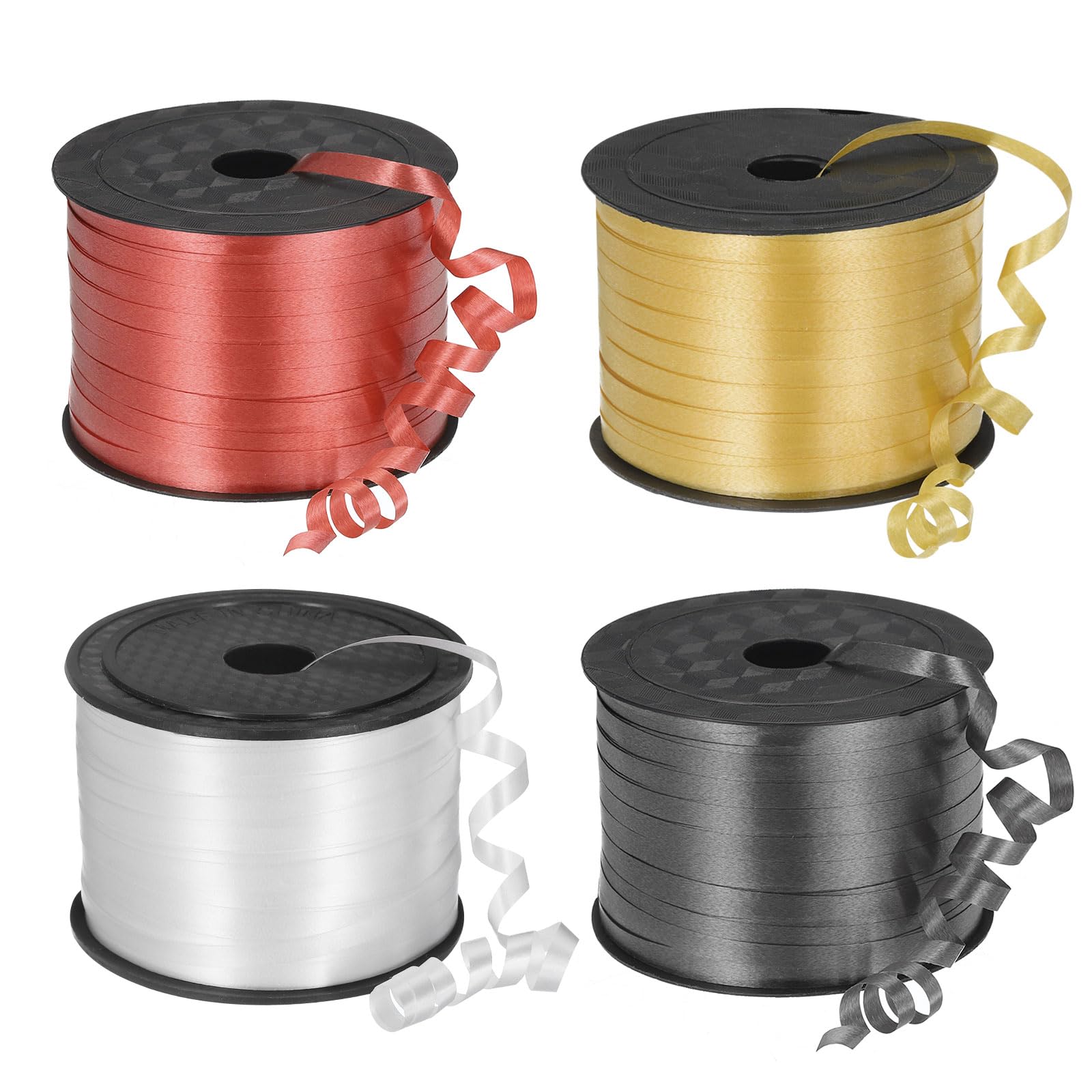 PATIKIL 4pcs 100 Yards Curling Ribbon Crimped Balloon String Metallic 5mm for Party Decoration Gift Wrapping Art Crafts, Red/White/Gold/Black
