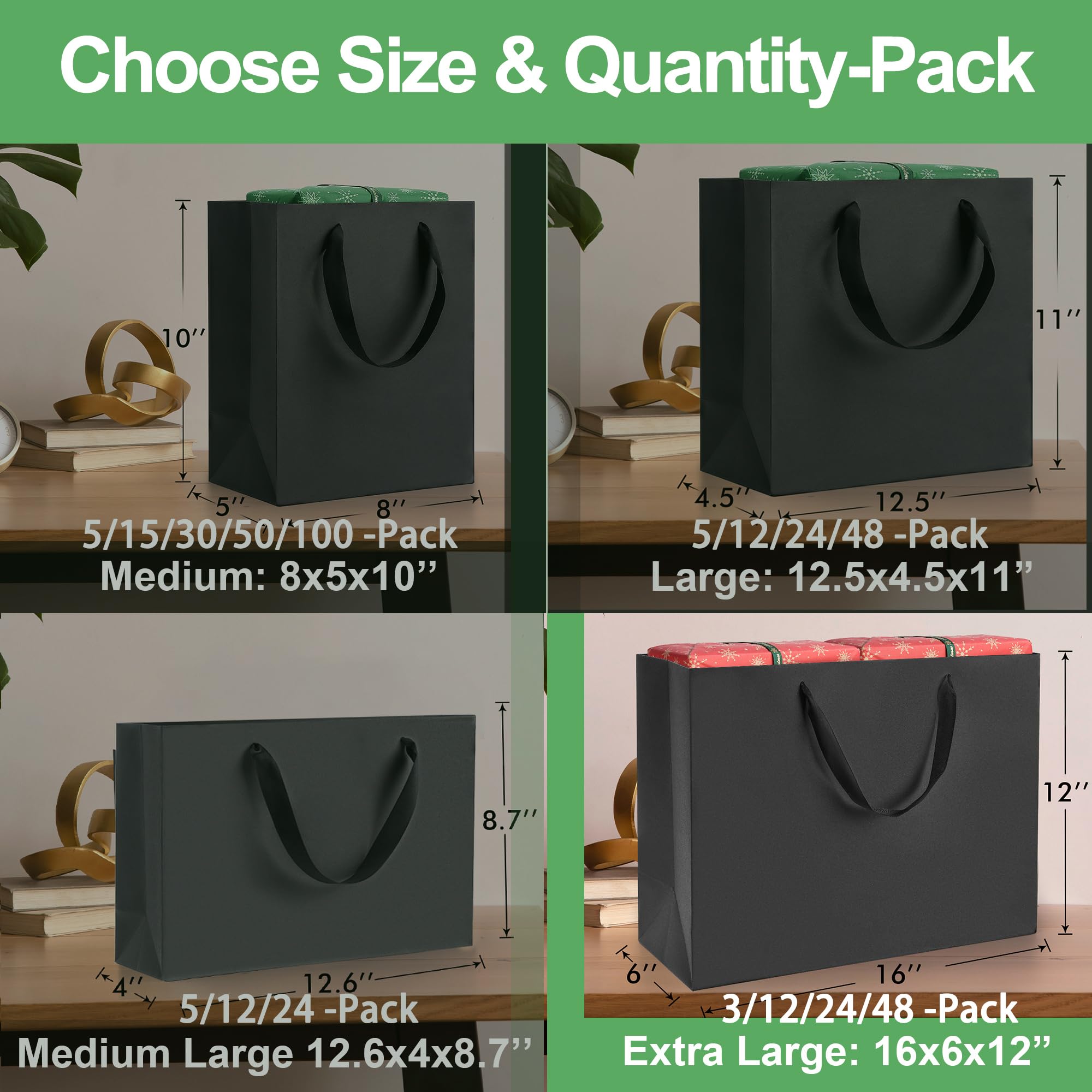 MOXARYSU Extra Large Black Gift Bags: 16x6x12 Inch 3pcs Black Paper Bags With Handles Bulk For Party Shopping Birthday Wedding (XL-3)