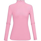 Kindcall Lightweight Ruffle Mock Neck Tops Ribbed Lettuce Trim Soft Base Layer for Women