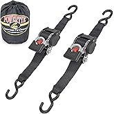 PowerTye *New* 2 inch x 10ft Long Retractable Ratchet Tie Down Strap with S-Hooks - Self-Retracting Ratchet, 800 lb W.L.L., Ideal for Motorcycle, ATV, Cargo, Includes Storage Bag, Black (Pair)