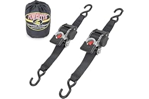PowerTye 2in x 10ft Improved Design Retractable Heavy-Duty Ratchet Tie-Downs, S-Hooks with Included Storage Bag - 1000 lb Working Load Limit / 3,000 lb Breaking Strength - Black (Pair)
