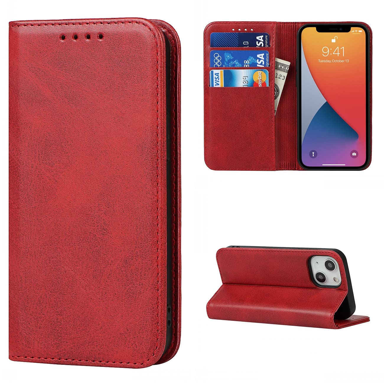 Copmob iPhone 13 Case, Flip Wallet Leather Case [3 Slots] [Stand Function] [Magnetic Closure] Flip Case Cover for iPhone 13 – Red