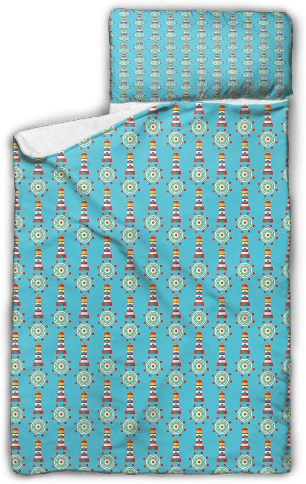 Lighthouse Daycare Sleeping Bag Summer Season Inspired Zigzag Pattern Marine Theme Vacation Helm Navigation Blue Red Yellow Great for Boys and Girls 43X21 INCH