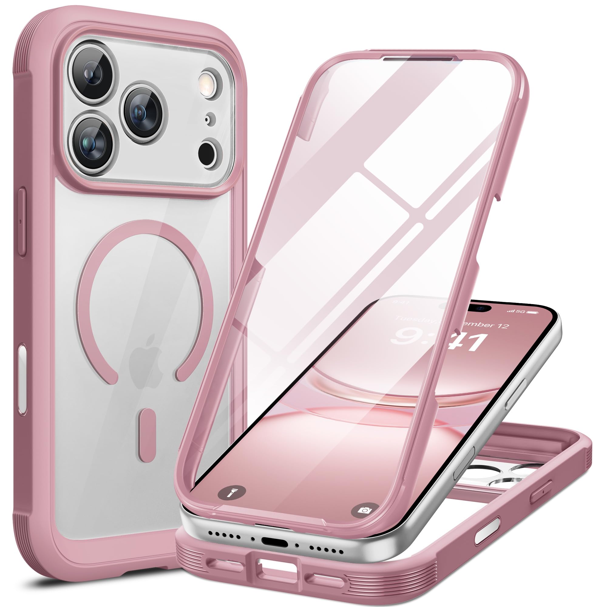 Photo 1 of Miracase for iPhone 17 Pro Max Case 6.9" Full-Body Phone Case with Built-in Glass Screen Protector& Full Camera Protector,[Magnetic with MagSafe] Drop Proof 17 ProMax Cover, Dark Pink