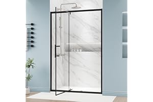 DELAVIN 44-48" W x 72" H Pivot Shower Door, Semi-Frameless Glass Shower Door, Water Repellent Swing Shower Door, Shower Glass Door with SGCC Clear Tempered and Explosion-Proof Film in Black