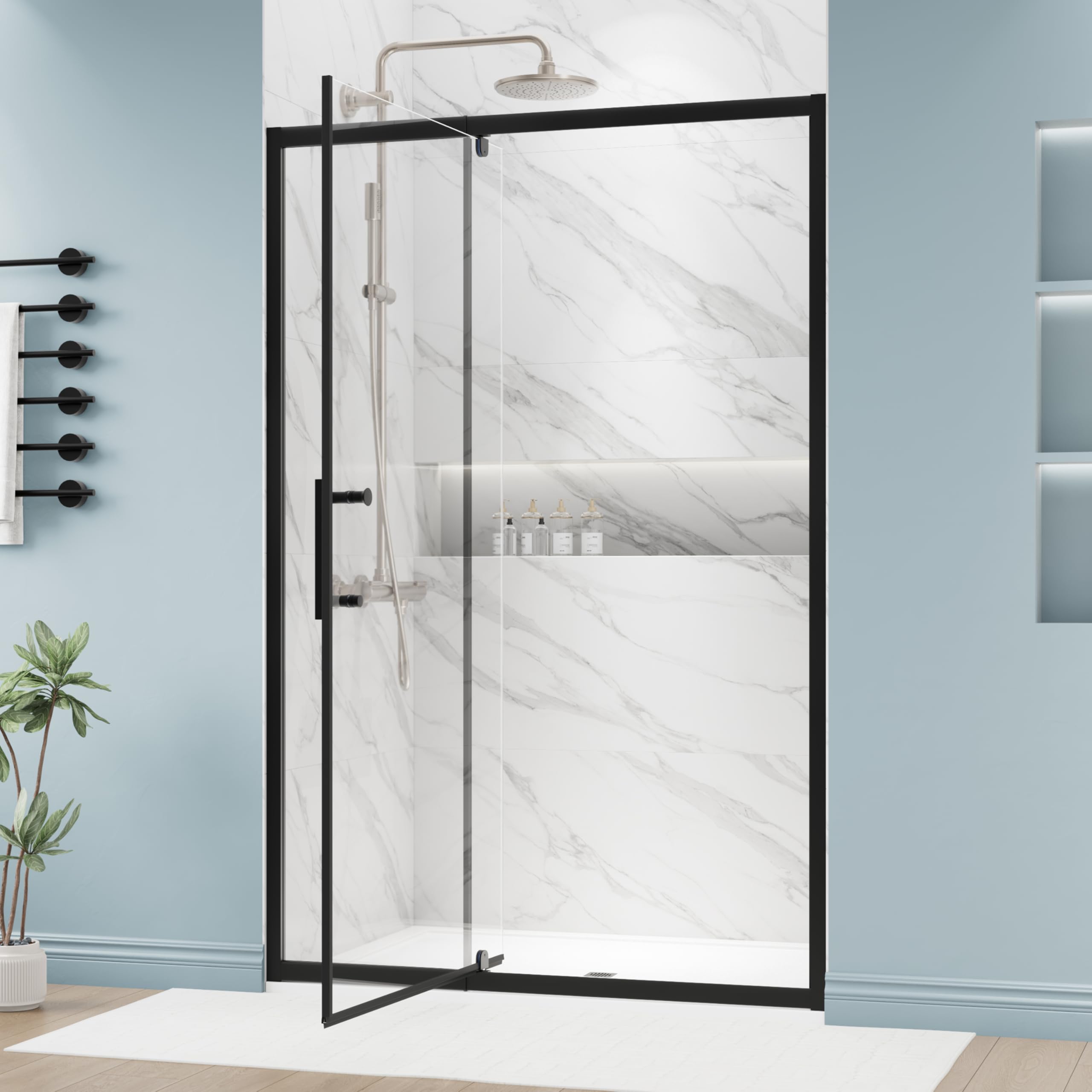 Photo 1 of DELAVIN 44-48.in W x 72.in Semi-Frameless Pivot Shower Door, Adjustable Swing Glass Shower Door, Water Repellent Shower Door, Black Shower Door with SGCC Clear Tempered Glass, Explosion-Proof Film