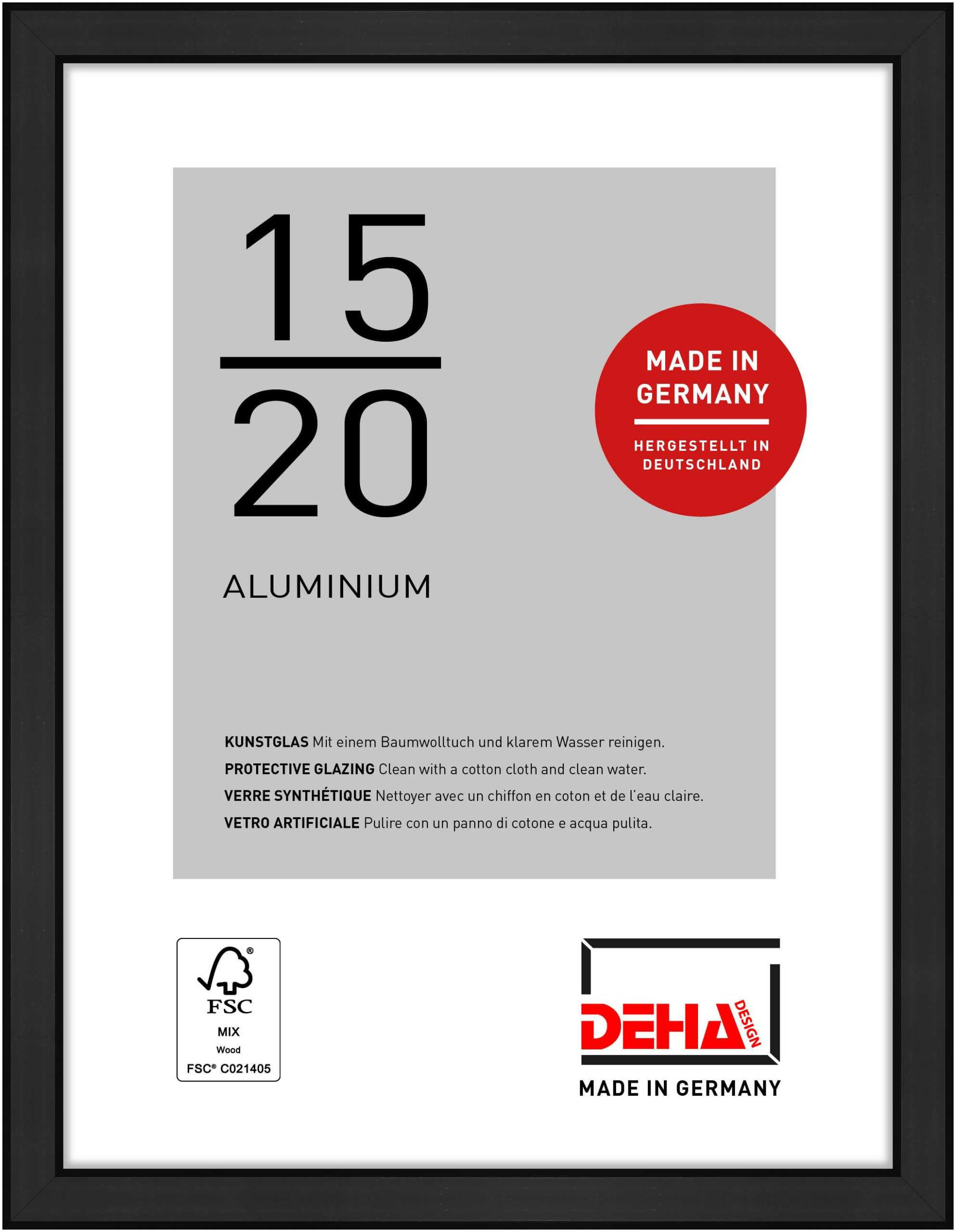 DEHA Design Boston Aluminium Picture Frame - 15x20 cm (6x8 in) – Matt Black - with Synthetic Glass and Push/Turn Clips