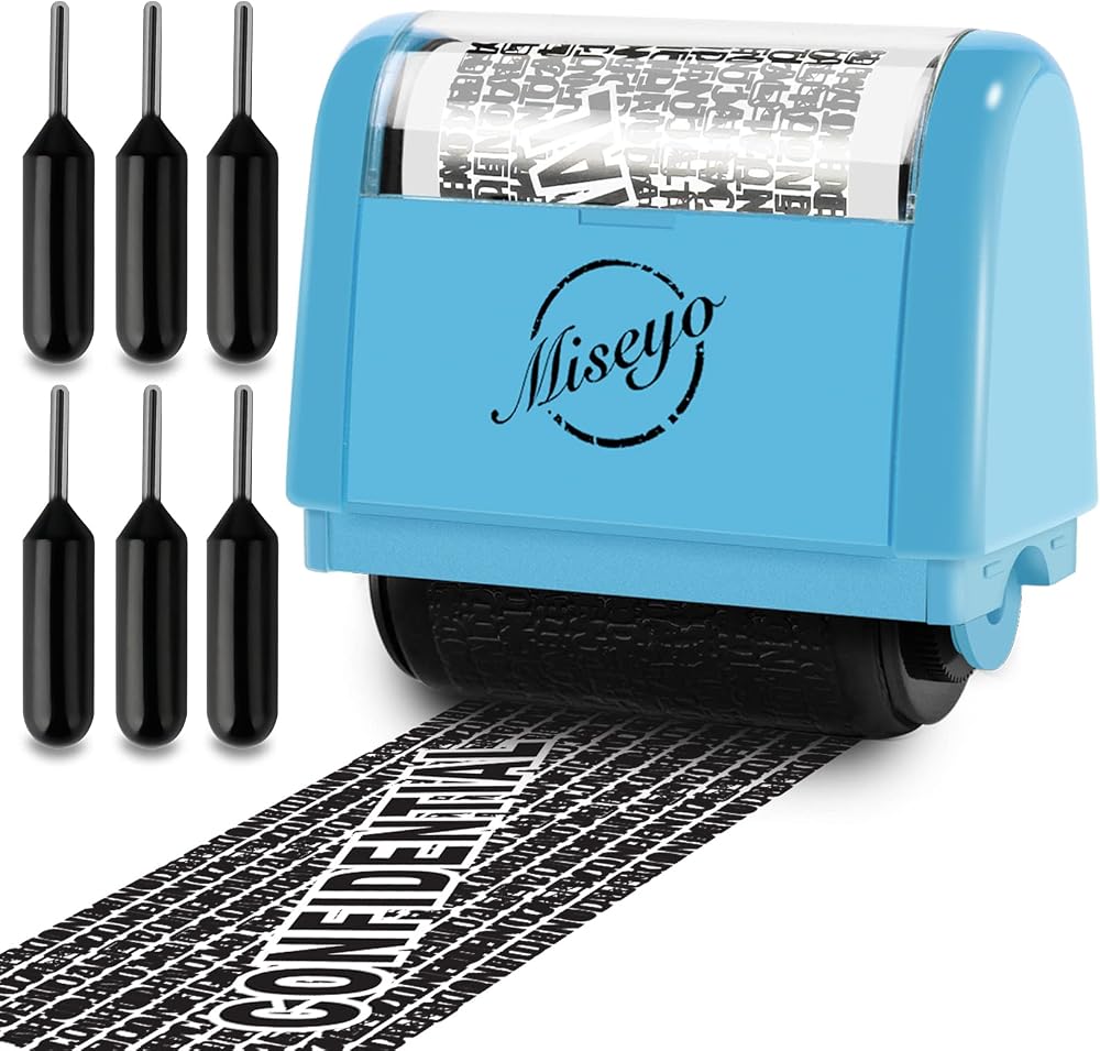 Miseyo Identity Theft Protection Roller Stamp Set Blue 6 Refills Included