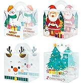 24PCS Christmas Clear Treat Boxes with Handle, Snowman Santa Reindeer Xmas Tree Transparent Candy Cookie Goodie Gift Party Favor Boxes for Christmas Winter Holiday Party Decorations Supplies