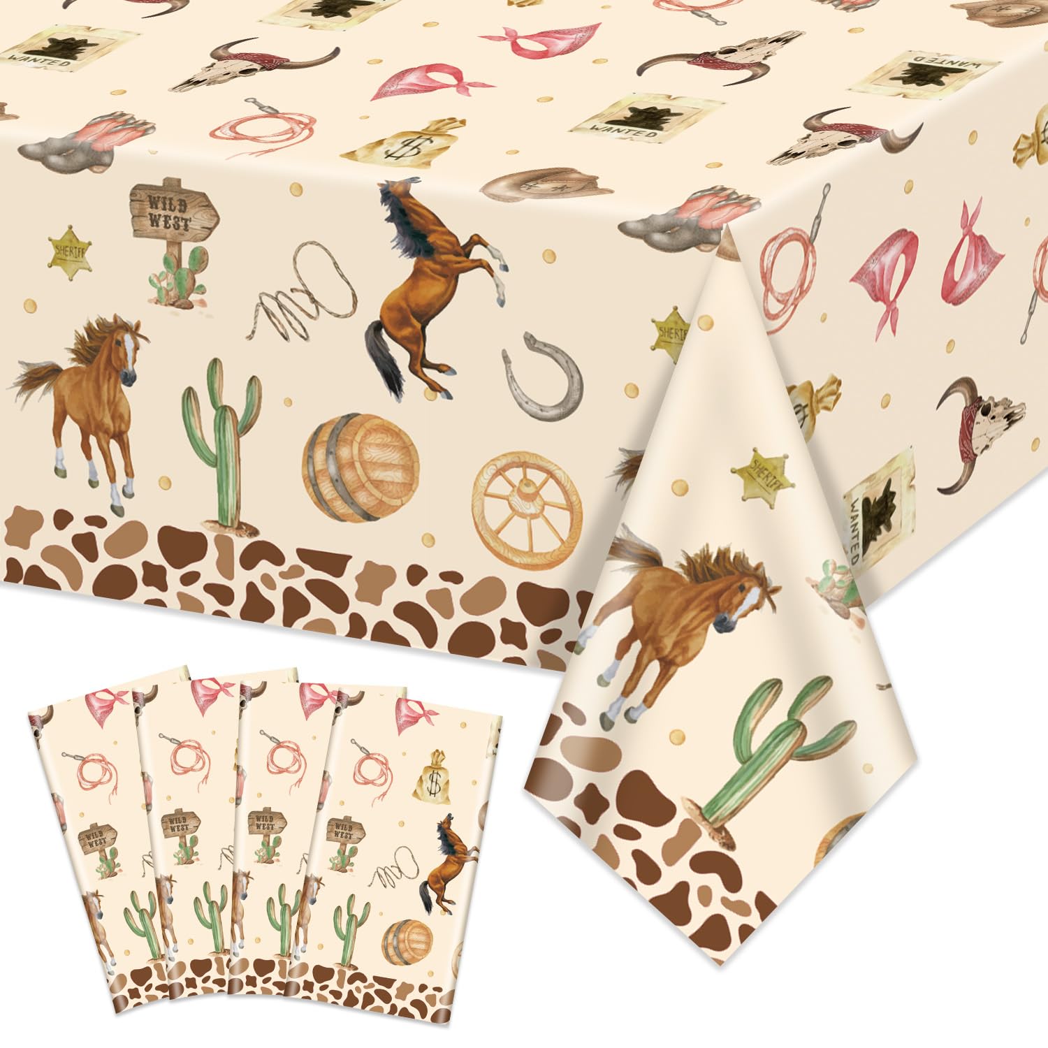 APUXXJUPA Cowboy Tablecloth - 4 Pcs Wild Western Print Tablecloths Cowboy Party Decorations for Rodeo Birthday Supplies Baby Shower Western Party Decorations