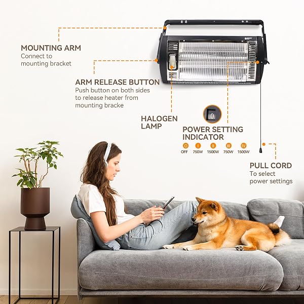 BEYOND HEAT ELECTRIC GARAGE HEATER 120V, 750/1500W CEILING MOUNT SPACE HEATER FOR GARAGE, SHOP, PATIO WITH 90° ADJUSTABLE TILT, DUAL QUARTZ RADIANT, SAFETY METAL GRILLE AND OVERHEAT PROTECTION, 1-PACK