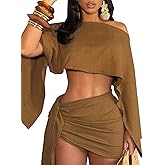 JYAOVO Women's 2 Piece Outfits Batwing Off Shoulder Irregular Crop Top and Mini Skirt Set Sexy Matching Sets