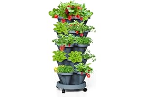 Tectsia Strawberry Vertical Planters, 5 Tiered Stacking Tower Garden, Stackable Herb Vegetable Planters with Movable Casters and Bottom Saucer Indoor and Outdoor - Dark Grey