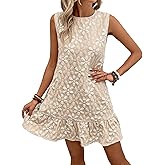 SOLY HUX Women's Ruffle Hem Sleeveless Tank Dress Round Neck Casual Jacquard Hem Smock Summer Mini Dresses